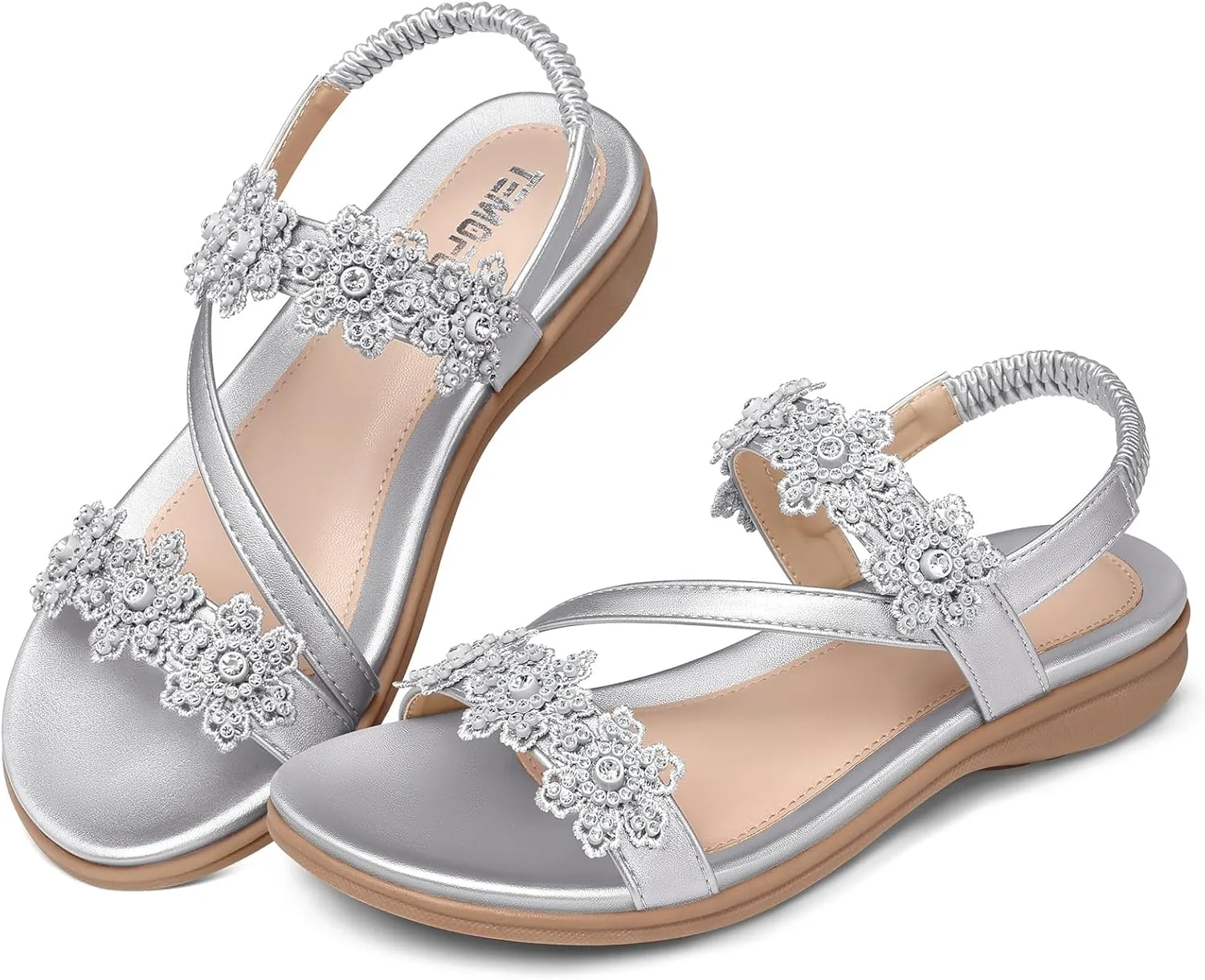 TEMOFON Sandals for Women Flat Dressy: Summer Flower Sandals with Ankle Strap Comfortable Casual Walking Flat Sandals Size 5-11