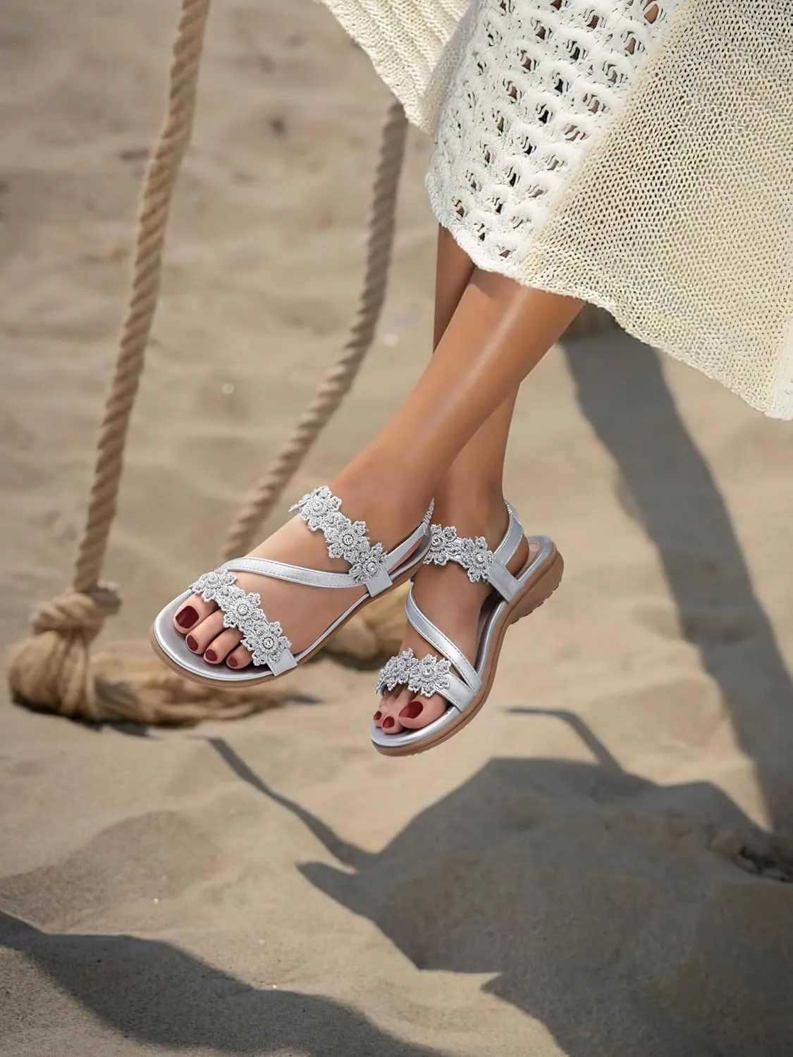 TEMOFON Sandals for Women Flat Dressy: Summer Flower Sandals with Ankle Strap Comfortable Casual Walking Flat Sandals Size 5-11