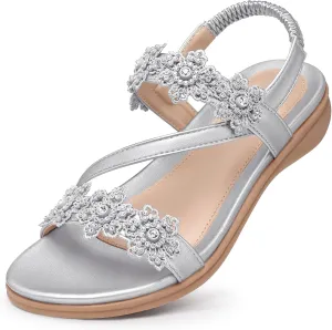 TEMOFON Sandals for Women Flat Dressy: Summer Flower Sandals with Ankle Strap Comfortable Casual Walking Flat Sandals Size 5-11