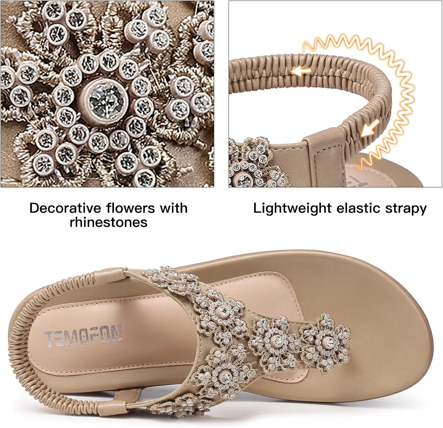 TEMOFON Sandals for Women Flat Dressy: Summer Flower Sandals with Ankle Strap Comfortable Casual Walking Flat Sandals Size 5-11