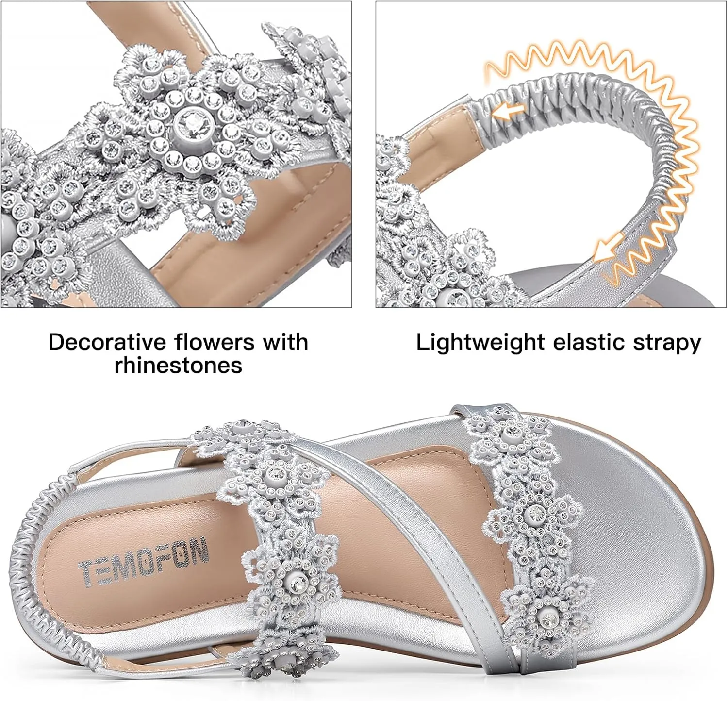 TEMOFON Sandals for Women Flat Dressy: Summer Flower Sandals with Ankle Strap Comfortable Casual Walking Flat Sandals Size 5-11