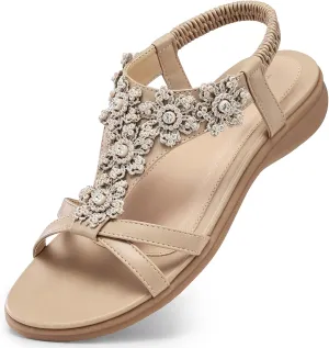TEMOFON Sandals for Women Flat Dressy: Summer Flower Sandals with Ankle Strap Comfortable Casual Walking Flat Sandals Size 5-11