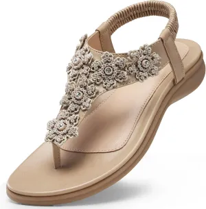 TEMOFON Sandals for Women Flat Dressy: Summer Flower Sandals with Ankle Strap Comfortable Casual Walking Flat Sandals Size 5-11