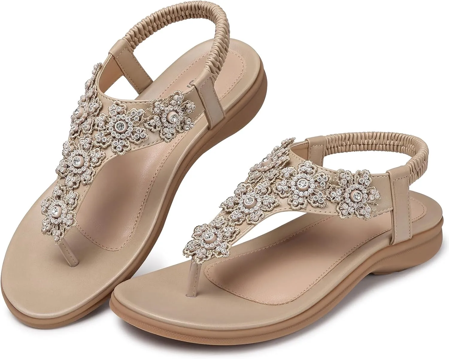 TEMOFON Sandals for Women Flat Dressy: Summer Flower Sandals with Ankle Strap Comfortable Casual Walking Flat Sandals Size 5-11