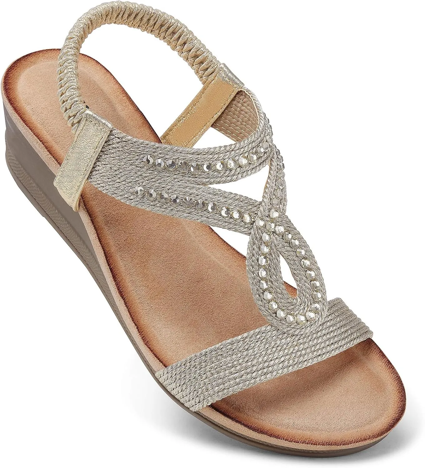 TEMOFON Wedge Sandals for Women Dressy: Low Wedge Sandals Women Comfortable Dressy Walking - Summer Casual Elastic Strappy Open Toe Rhinestone Shoes