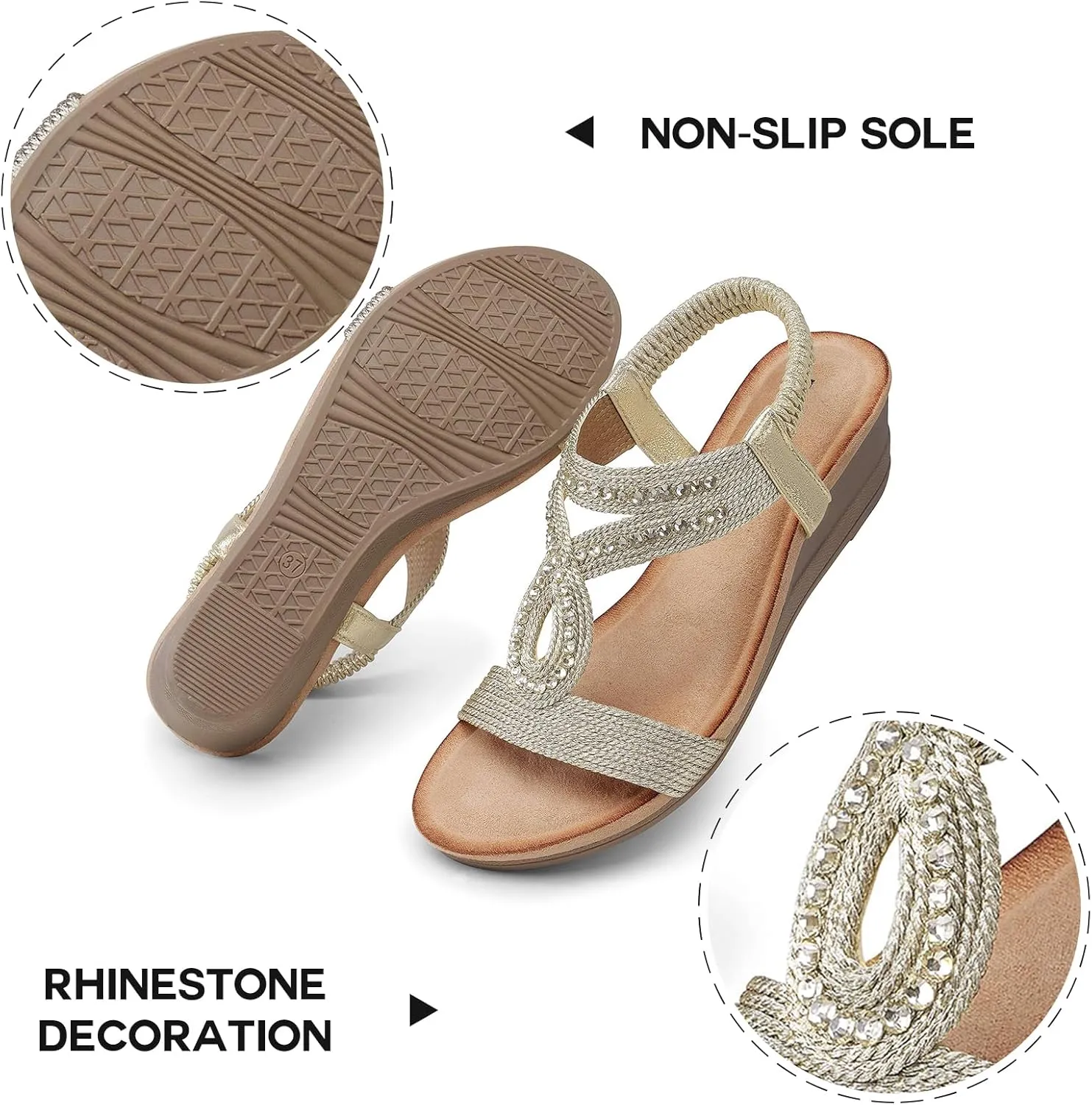 TEMOFON Wedge Sandals for Women Dressy: Low Wedge Sandals Women Comfortable Dressy Walking - Summer Casual Elastic Strappy Open Toe Rhinestone Shoes