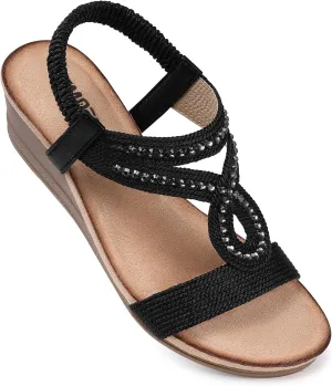 TEMOFON Wedge Sandals for Women Dressy: Low Wedge Sandals Women Comfortable Dressy Walking - Summer Casual Elastic Strappy Open Toe Rhinestone Shoes