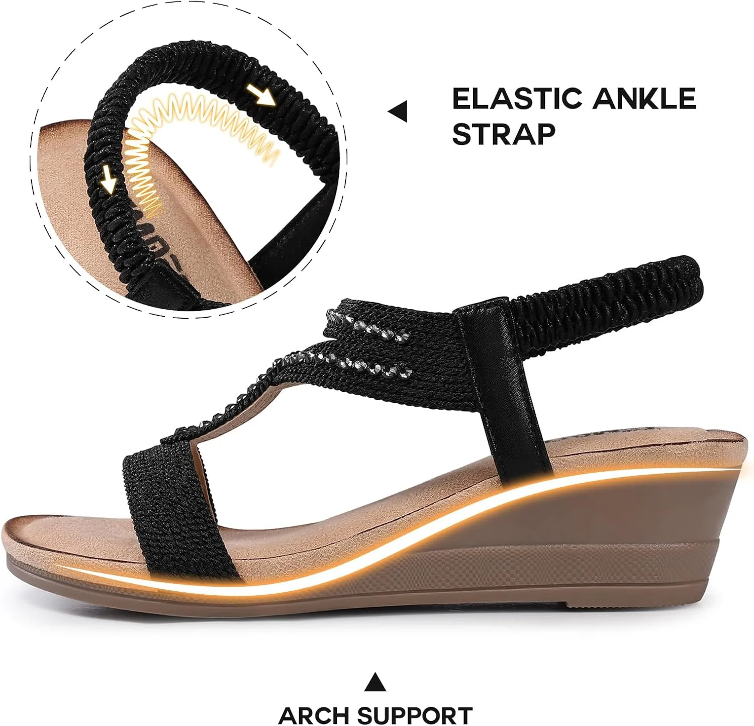 TEMOFON Wedge Sandals for Women Dressy: Low Wedge Sandals Women Comfortable Dressy Walking - Summer Casual Elastic Strappy Open Toe Rhinestone Shoes