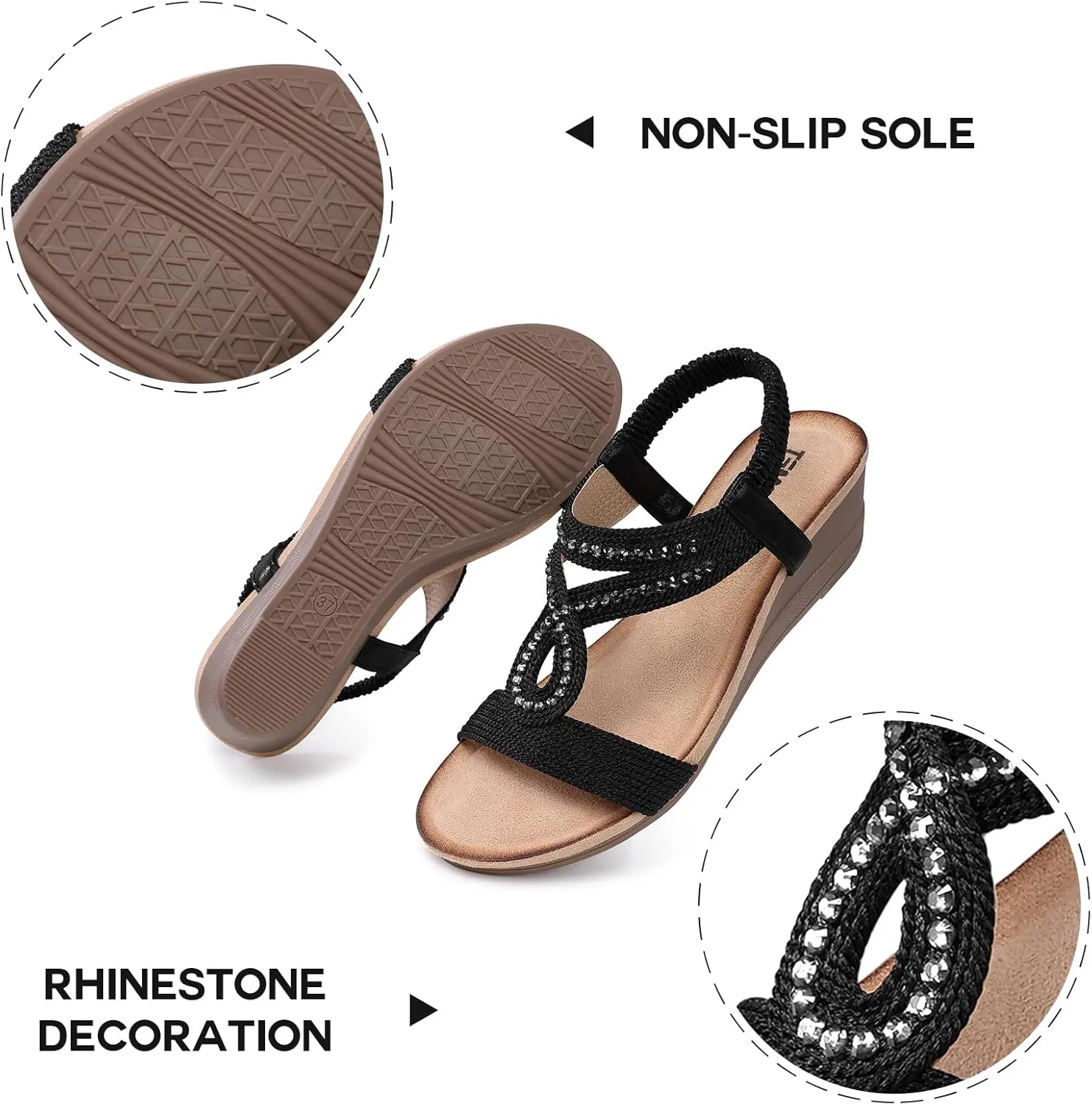 TEMOFON Wedge Sandals for Women Dressy: Low Wedge Sandals Women Comfortable Dressy Walking - Summer Casual Elastic Strappy Open Toe Rhinestone Shoes