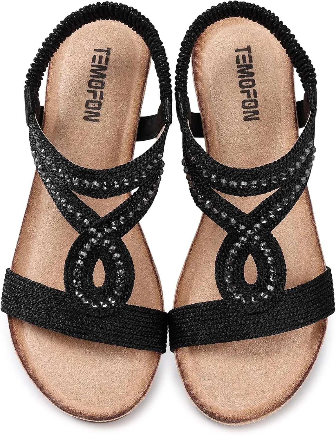 TEMOFON Wedge Sandals for Women Dressy: Low Wedge Sandals Women Comfortable Dressy Walking - Summer Casual Elastic Strappy Open Toe Rhinestone Shoes
