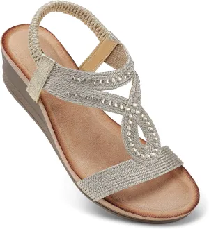 TEMOFON Wedge Sandals for Women Dressy: Low Wedge Sandals Women Comfortable Dressy Walking - Summer Casual Elastic Strappy Open Toe Rhinestone Shoes
