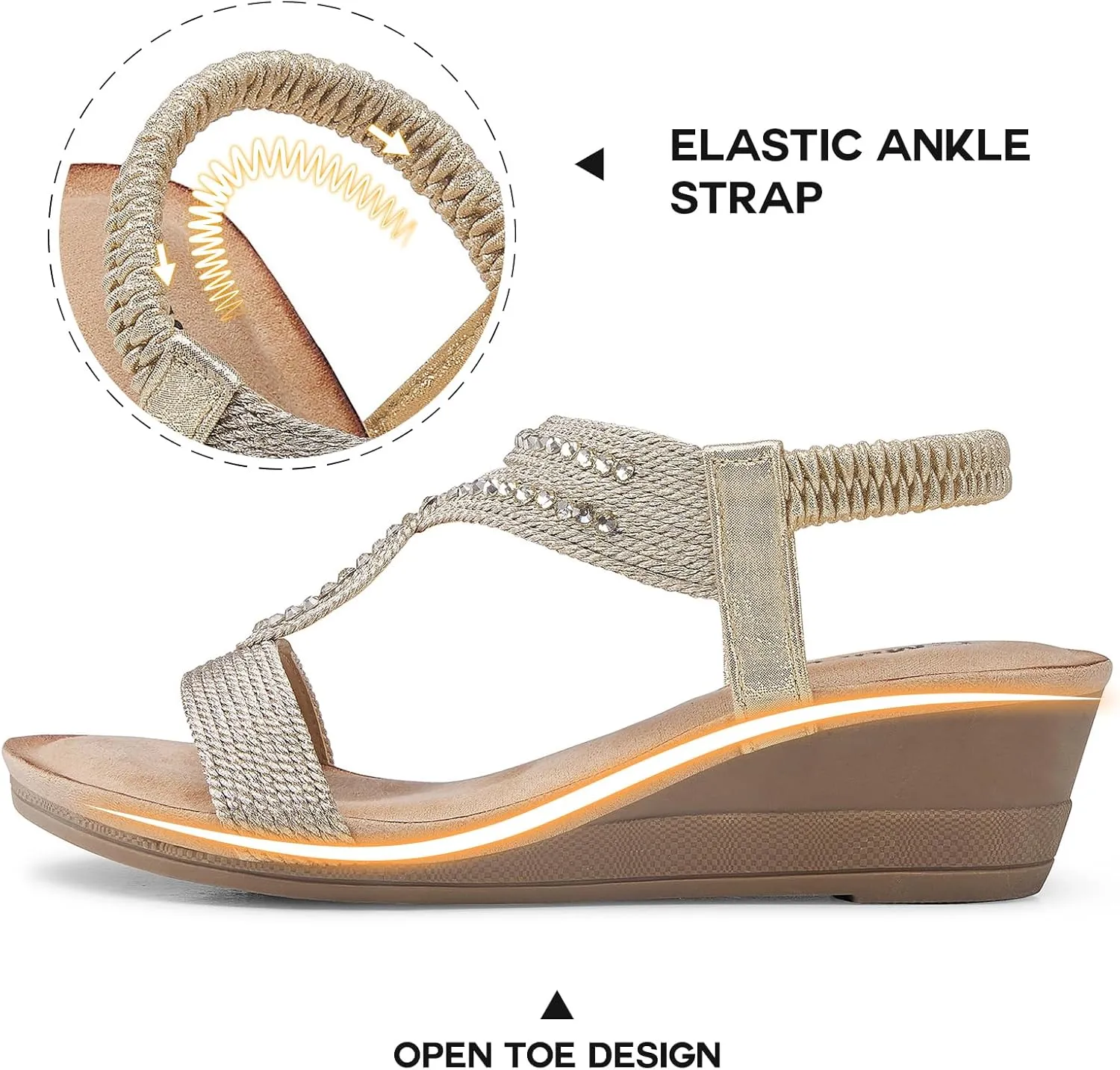 TEMOFON Wedge Sandals for Women Dressy: Low Wedge Sandals Women Comfortable Dressy Walking - Summer Casual Elastic Strappy Open Toe Rhinestone Shoes