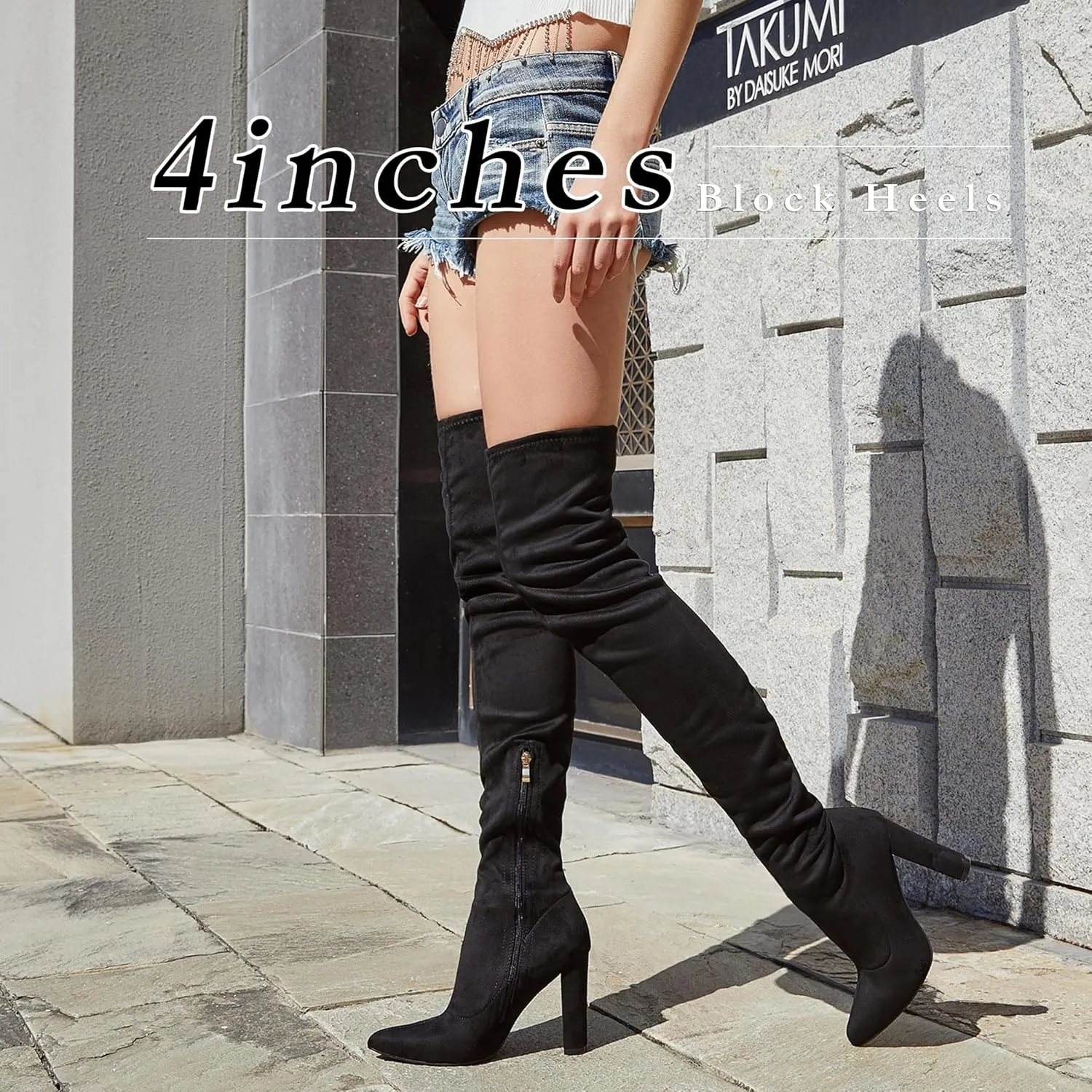 Thigh High Boots Women Chunky Heels Over The Knee Boots Pointed Toe Block Heeled Stretch Sexy High Heel Knee High Boots Side Zipper Long Boots