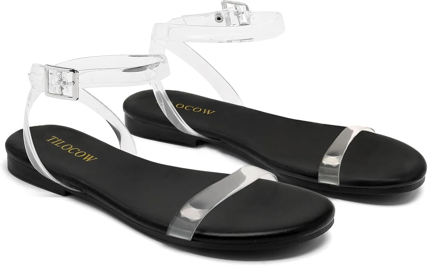 Tilocow Clear Sandals for Women Ankle Strap Open Toe Flat Sandals Daily Work Casual Summer Shoes