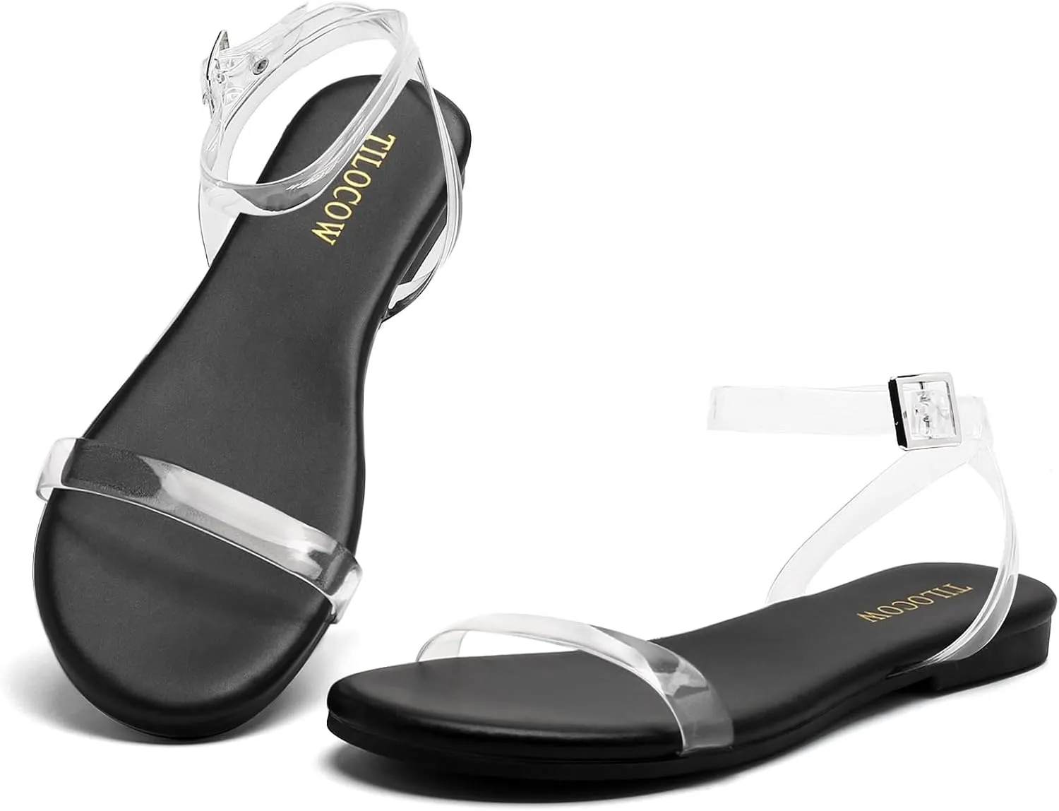 Tilocow Clear Sandals for Women Ankle Strap Open Toe Flat Sandals Daily Work Casual Summer Shoes