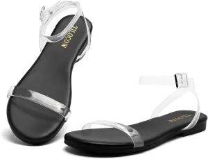 Tilocow Clear Sandals for Women Ankle Strap Open Toe Flat Sandals Daily Work Casual Summer Shoes