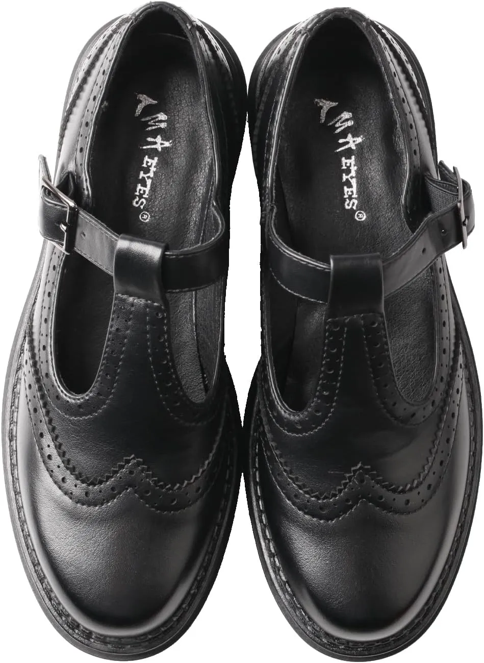TMA EYES Chunky Platform T-Strap Hollowed-Out Loafer Vintage Round Toe Women's Single Shoes