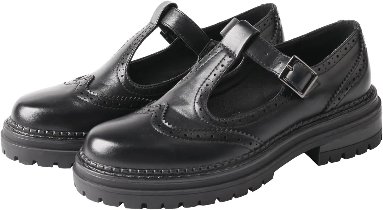 TMA EYES Chunky Platform T-Strap Hollowed-Out Loafer Vintage Round Toe Women's Single Shoes