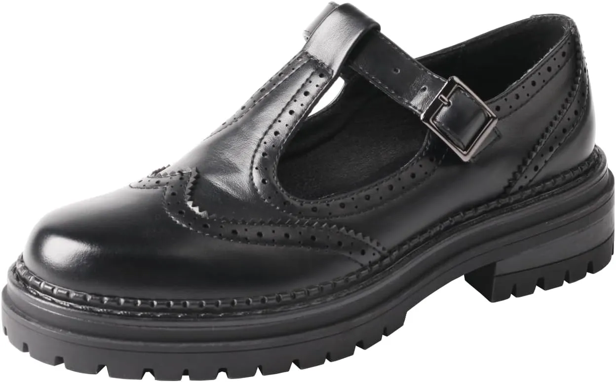 TMA EYES Chunky Platform T-Strap Hollowed-Out Loafer Vintage Round Toe Women's Single Shoes