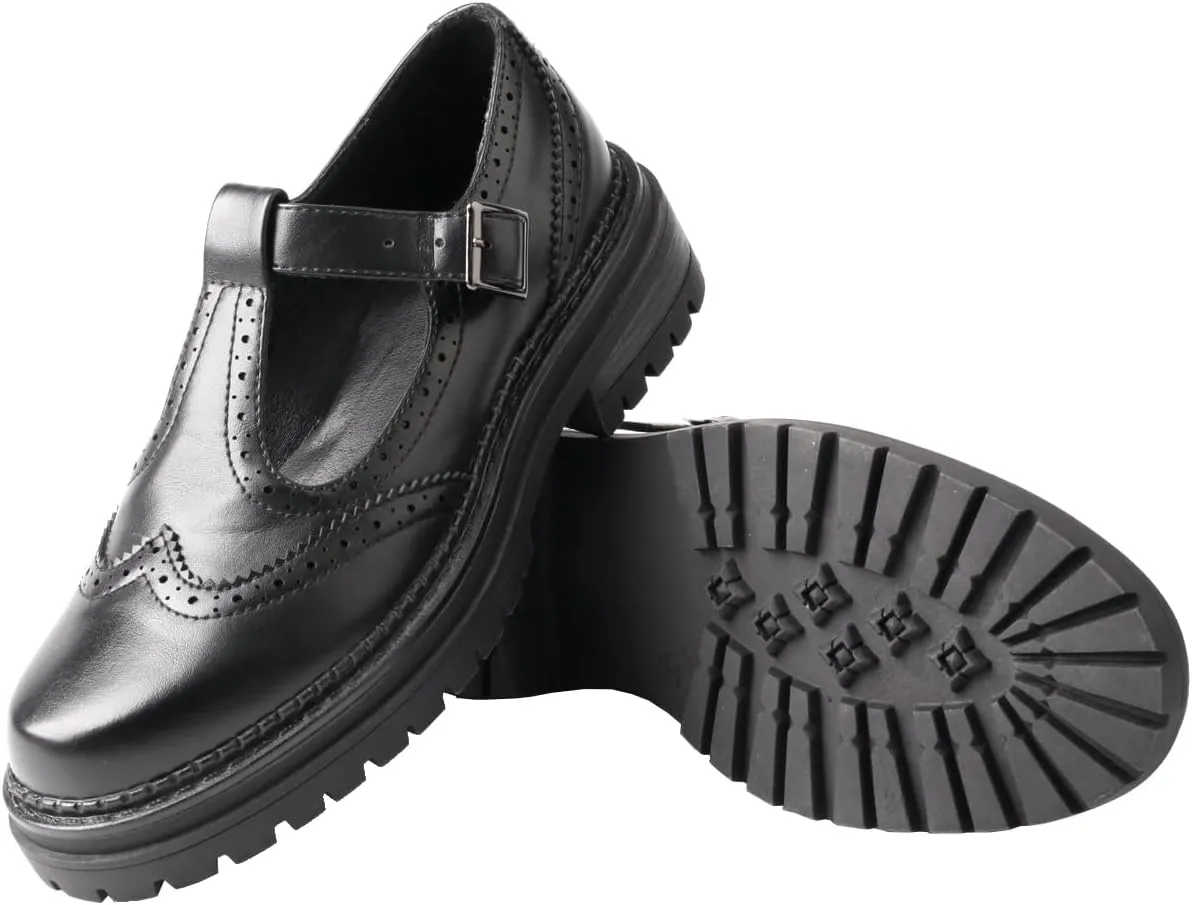 TMA EYES Chunky Platform T-Strap Hollowed-Out Loafer Vintage Round Toe Women's Single Shoes