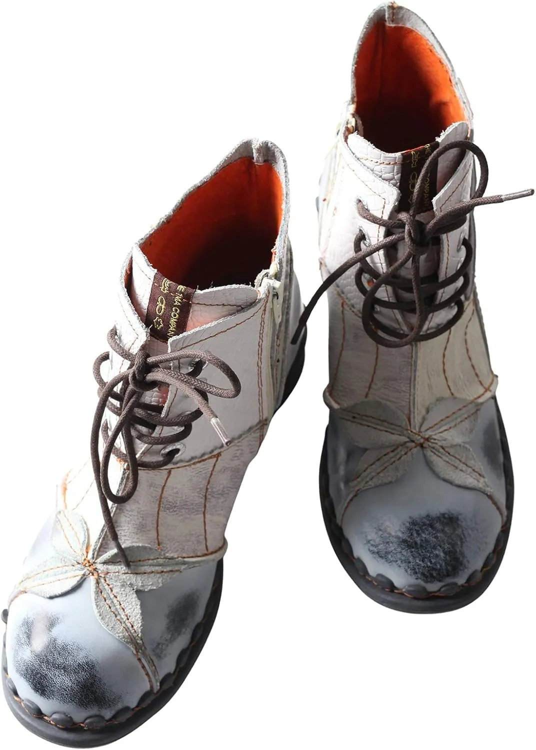 TMA EYES Women's Ankle Boots Low Heel Lace-up Side Zipper Fashion Leather Booties