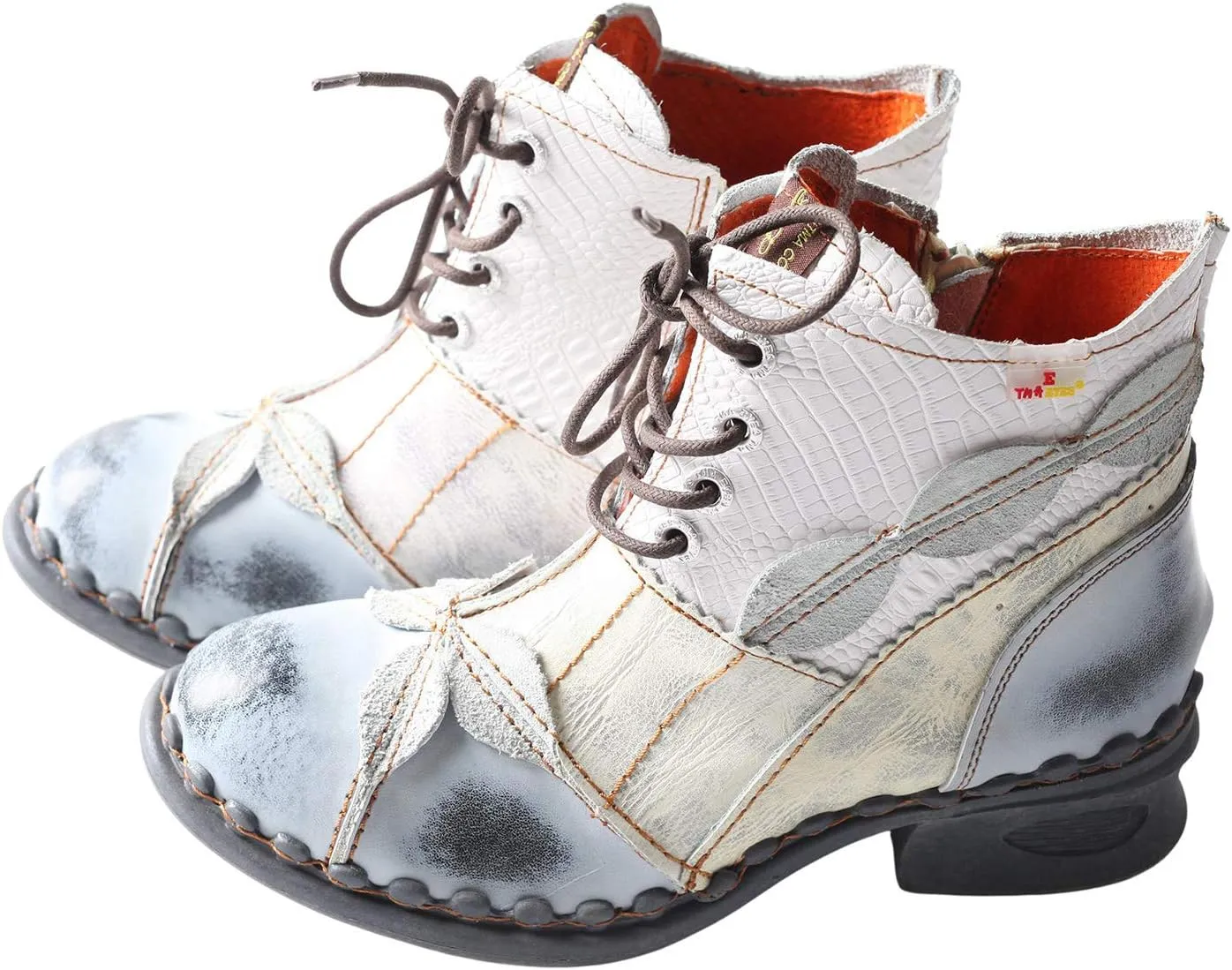 TMA EYES Women's Ankle Boots Low Heel Lace-up Side Zipper Fashion Leather Booties