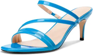 TNYNFBEB Womens Stiletto Mid Heel Open Toe Sandals Mules Shoes Slip-on Prom Wedding Dress Patent Leather Summer 2.6 Inches Heels