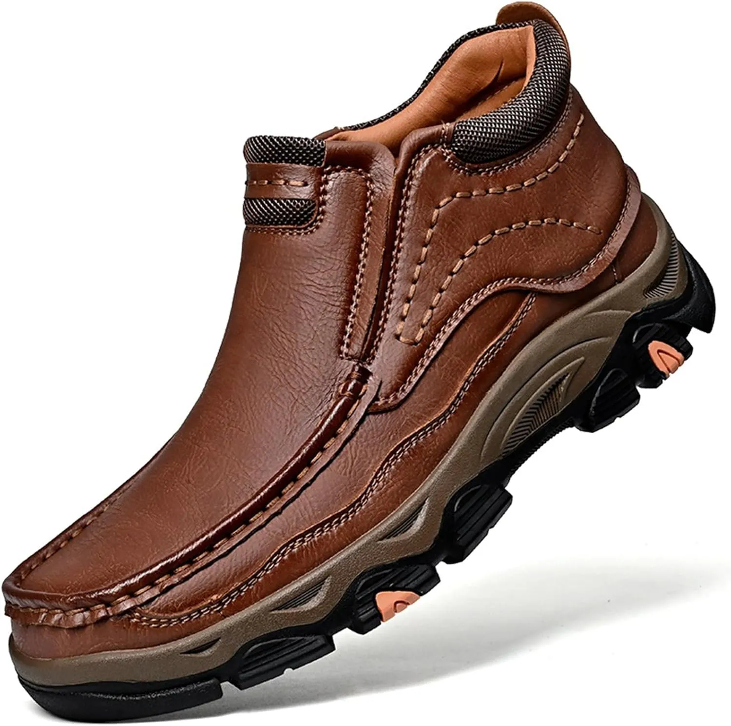 Tokouk Mens Breathable Hand Stitching Leather Slip On Ankle Boots, Classic Outdoor Moccasin Chukka Boots Non-Slip Casual Hiking Boots