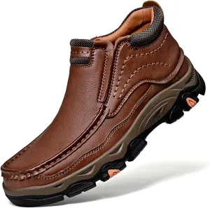 Tokouk Mens Breathable Hand Stitching Leather Slip On Ankle Boots, Classic Outdoor Moccasin Chukka Boots Non-Slip Casual Hiking Boots