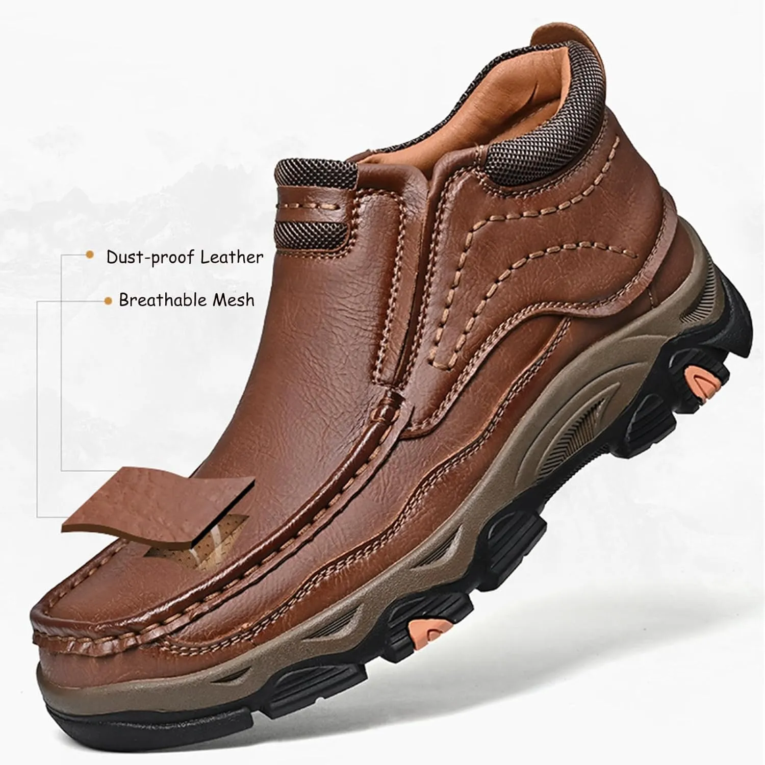 Tokouk Mens Breathable Hand Stitching Leather Slip On Ankle Boots, Classic Outdoor Moccasin Chukka Boots Non-Slip Casual Hiking Boots
