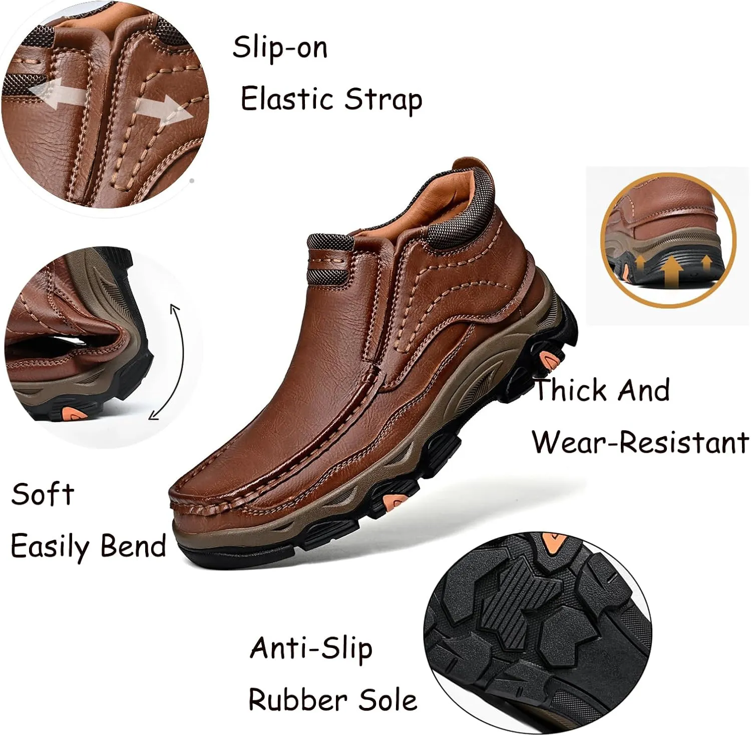 Tokouk Mens Breathable Hand Stitching Leather Slip On Ankle Boots, Classic Outdoor Moccasin Chukka Boots Non-Slip Casual Hiking Boots