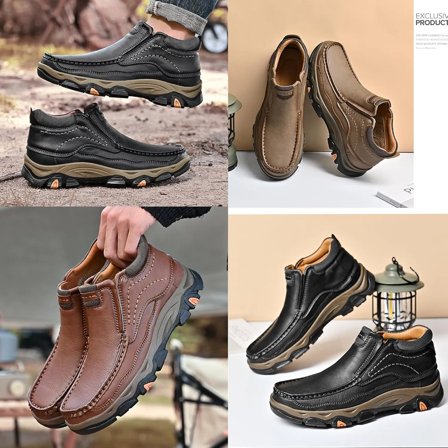 Tokouk Mens Breathable Hand Stitching Leather Slip On Ankle Boots, Classic Outdoor Moccasin Chukka Boots Non-Slip Casual Hiking Boots
