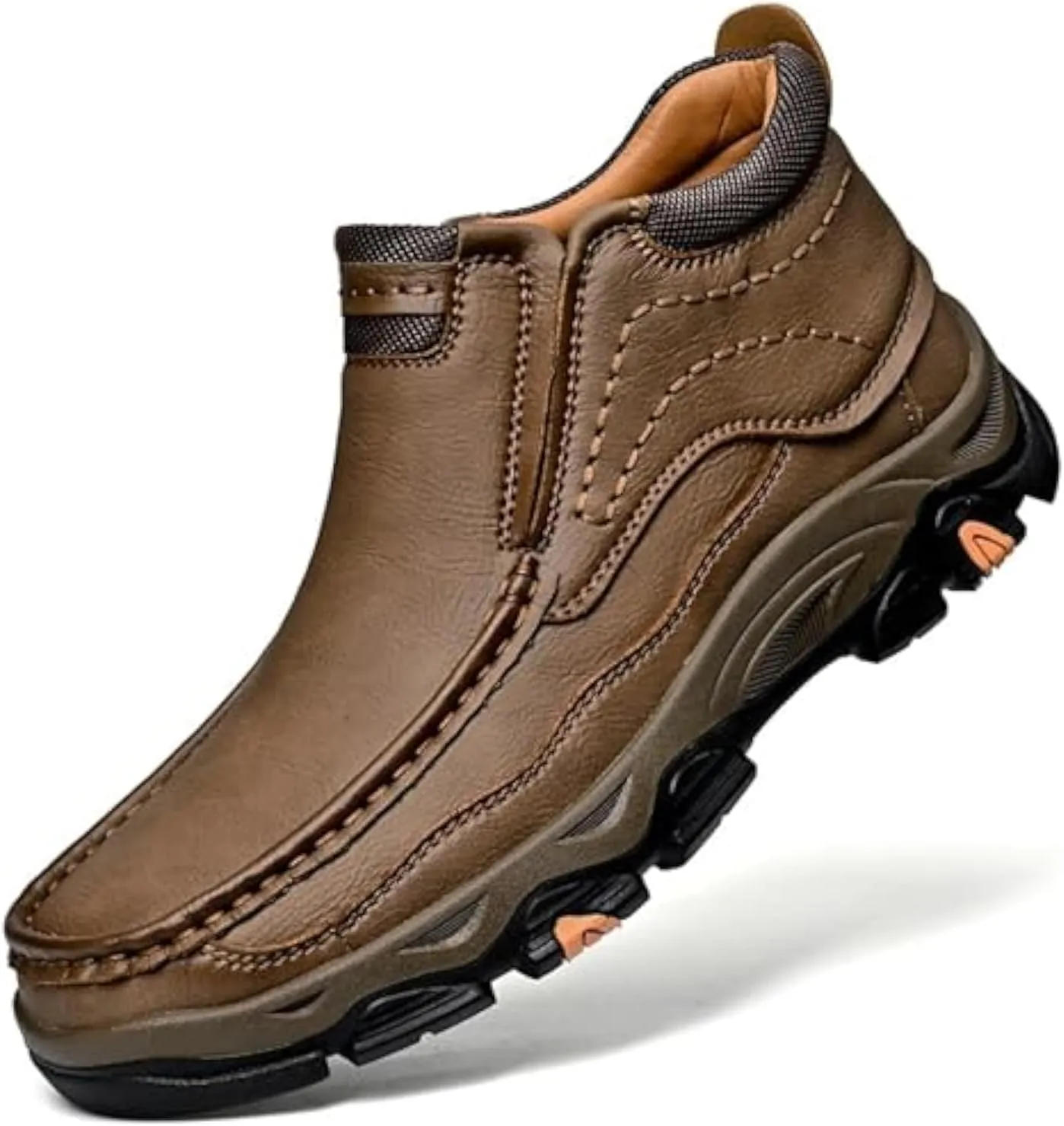 Tokouk Mens Breathable Hand Stitching Leather Slip On Ankle Boots, Classic Outdoor Moccasin Chukka Boots Non-Slip Casual Hiking Boots