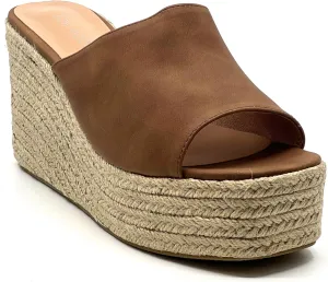 TOP Moda Women Open Toe High Wedge Jute Espadrille Slip on Slide Sandals