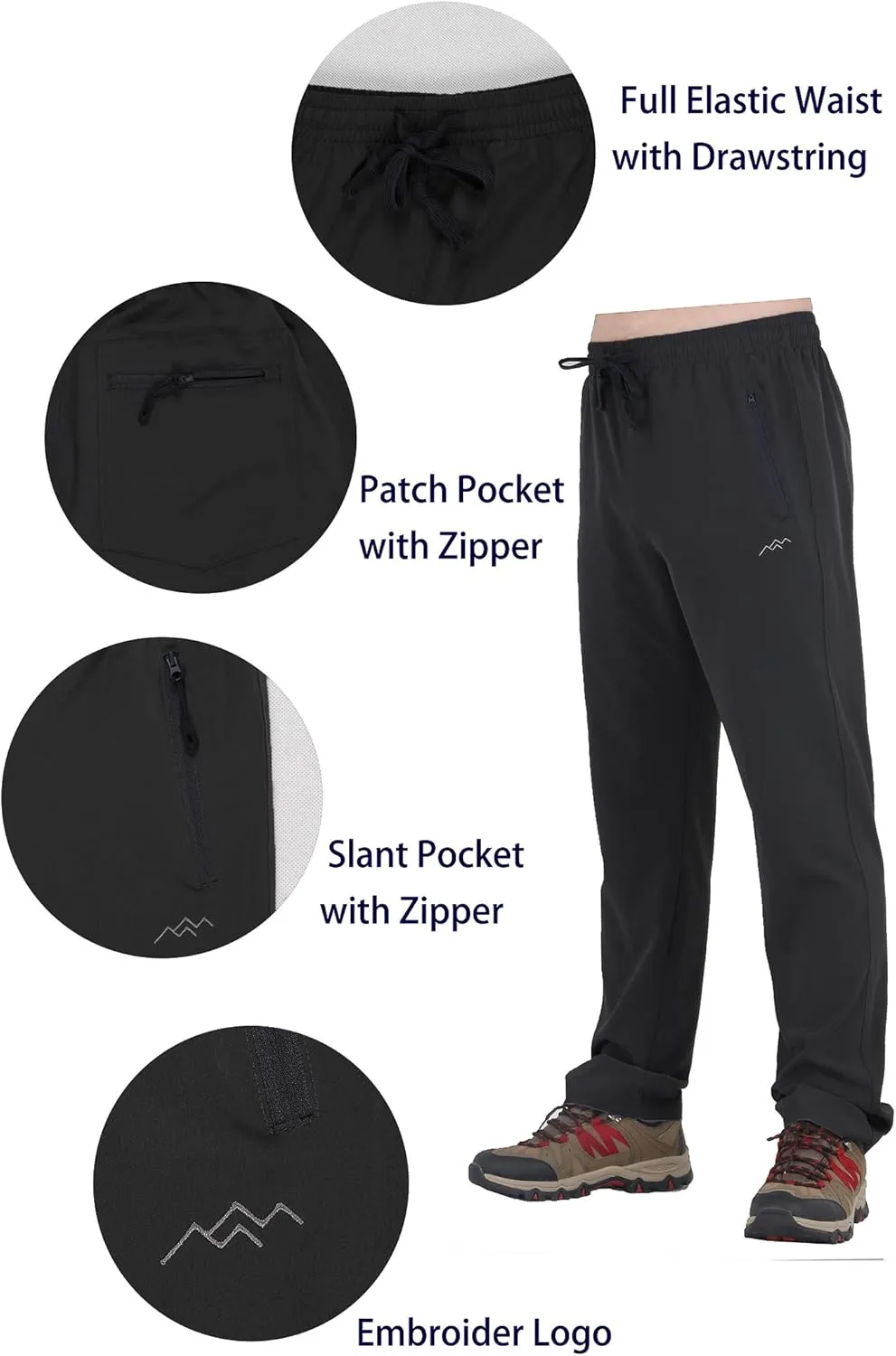 TRAILSIDE SUPPLY CO. Mens Lightweight Track Pants,Stretchy Pants with Zipper Pockets,Loose Fit