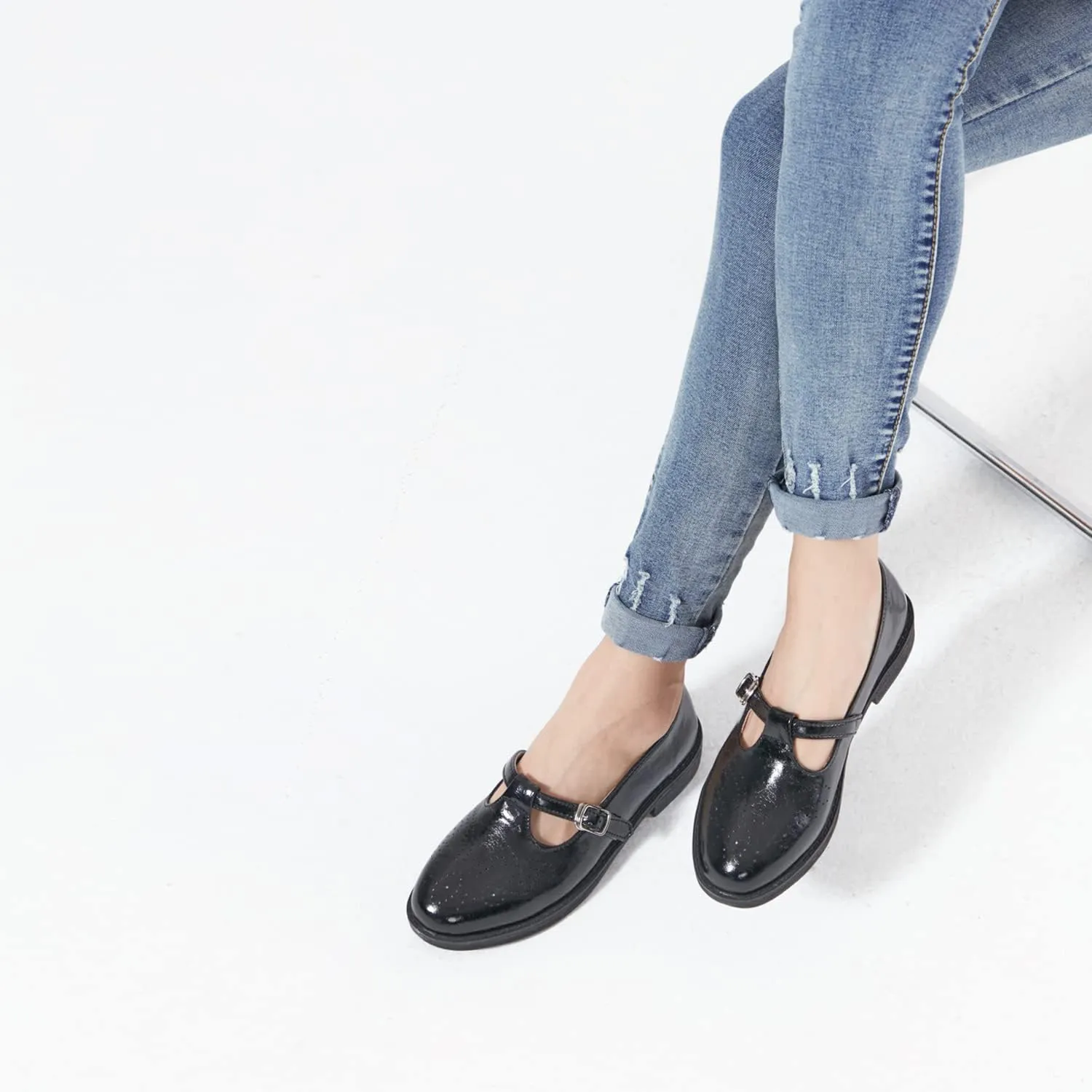 TRULAND Women's Leather Mary Jane Oxfords Shoes - Slip On T-Strap Loafers Casual Closed Toe Dressy Flats Shoes for Office Work