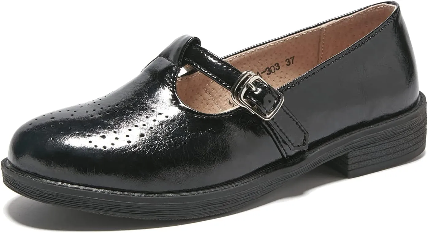 TRULAND Women's Leather Mary Jane Oxfords Shoes - Slip On T-Strap Loafers Casual Closed Toe Dressy Flats Shoes for Office Work