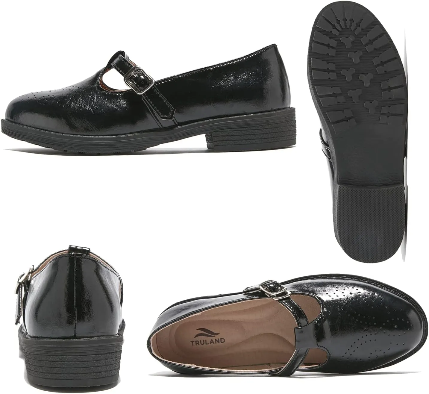 TRULAND Women's Leather Mary Jane Oxfords Shoes - Slip On T-Strap Loafers Casual Closed Toe Dressy Flats Shoes for Office Work