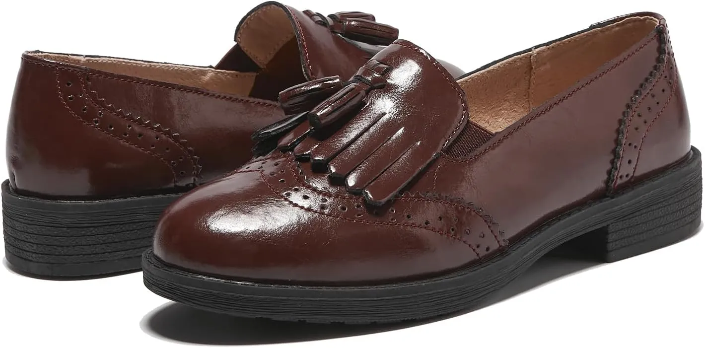 TRULAND Women’s Leather Penny Loafers – Slip On Wingtip Oxfords Tassel Loafers Comfortable Casual Dressy Shoes for Office Work