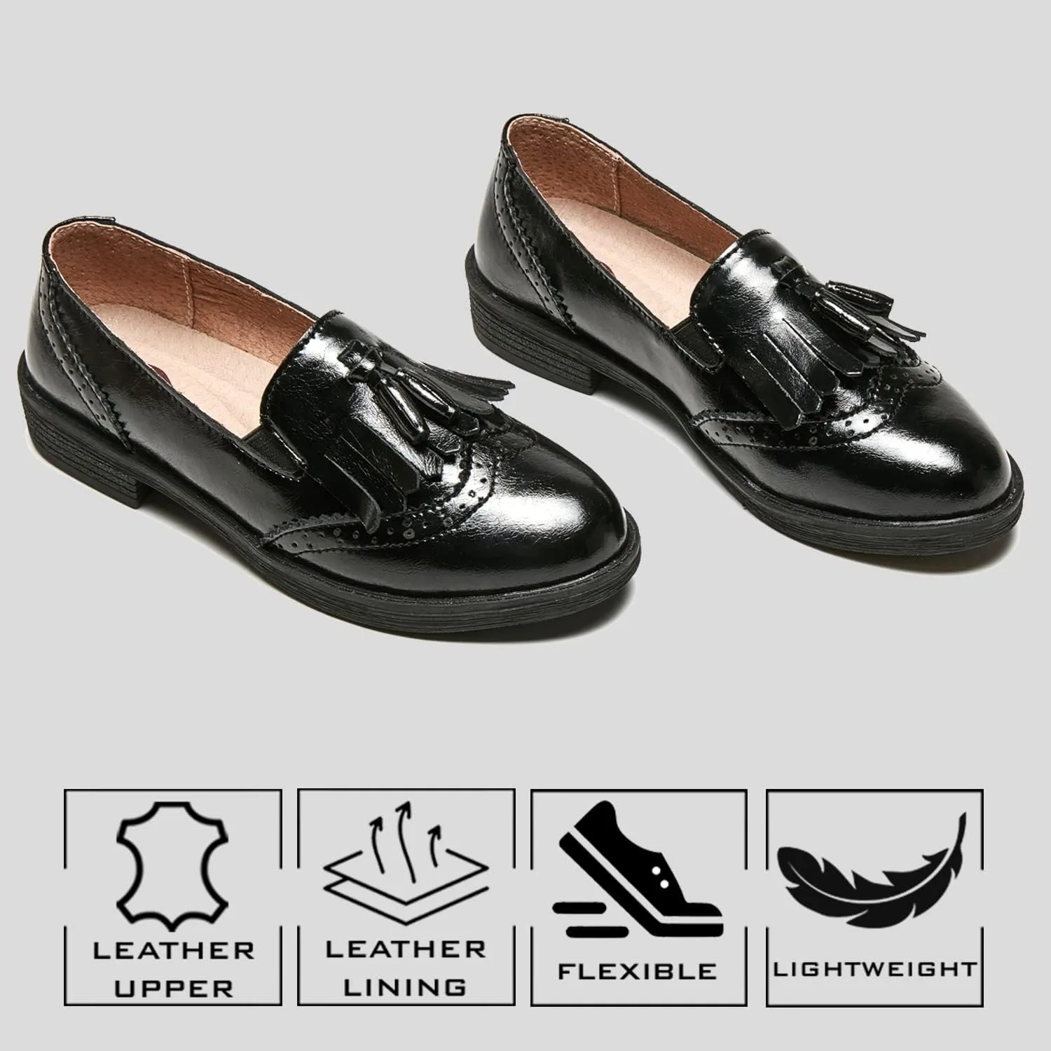 TRULAND Women’s Leather Penny Loafers – Slip On Wingtip Oxfords Tassel Loafers Comfortable Casual Dressy Shoes for Office Work