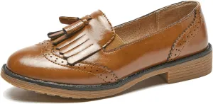 TRULAND Women’s Leather Penny Loafers – Slip On Wingtip Oxfords Tassel Loafers Comfortable Casual Dressy Shoes for Office Work