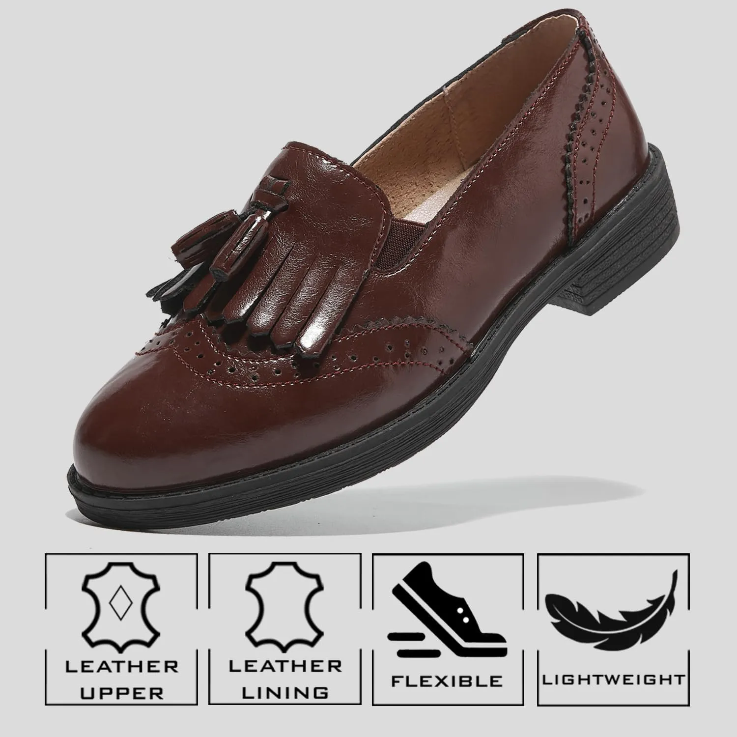TRULAND Women’s Leather Penny Loafers – Slip On Wingtip Oxfords Tassel Loafers Comfortable Casual Dressy Shoes for Office Work