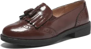 TRULAND Women’s Leather Penny Loafers – Slip On Wingtip Oxfords Tassel Loafers Comfortable Casual Dressy Shoes for Office Work