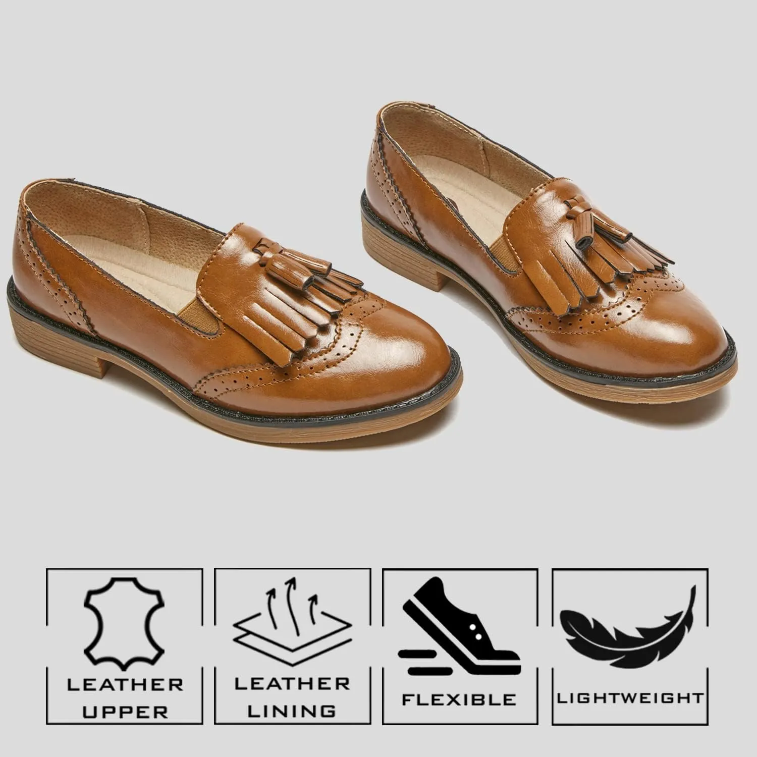TRULAND Women’s Leather Penny Loafers – Slip On Wingtip Oxfords Tassel Loafers Comfortable Casual Dressy Shoes for Office Work
