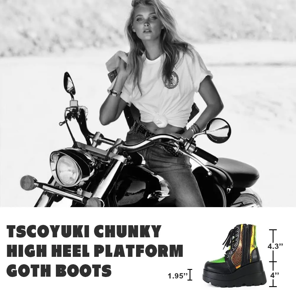 Tscoyuki Platform Ankle Boots for Women Chunky High Heel Booties Goth Round Toe Combat Boots Women Lace Up Motorcycle Wedges