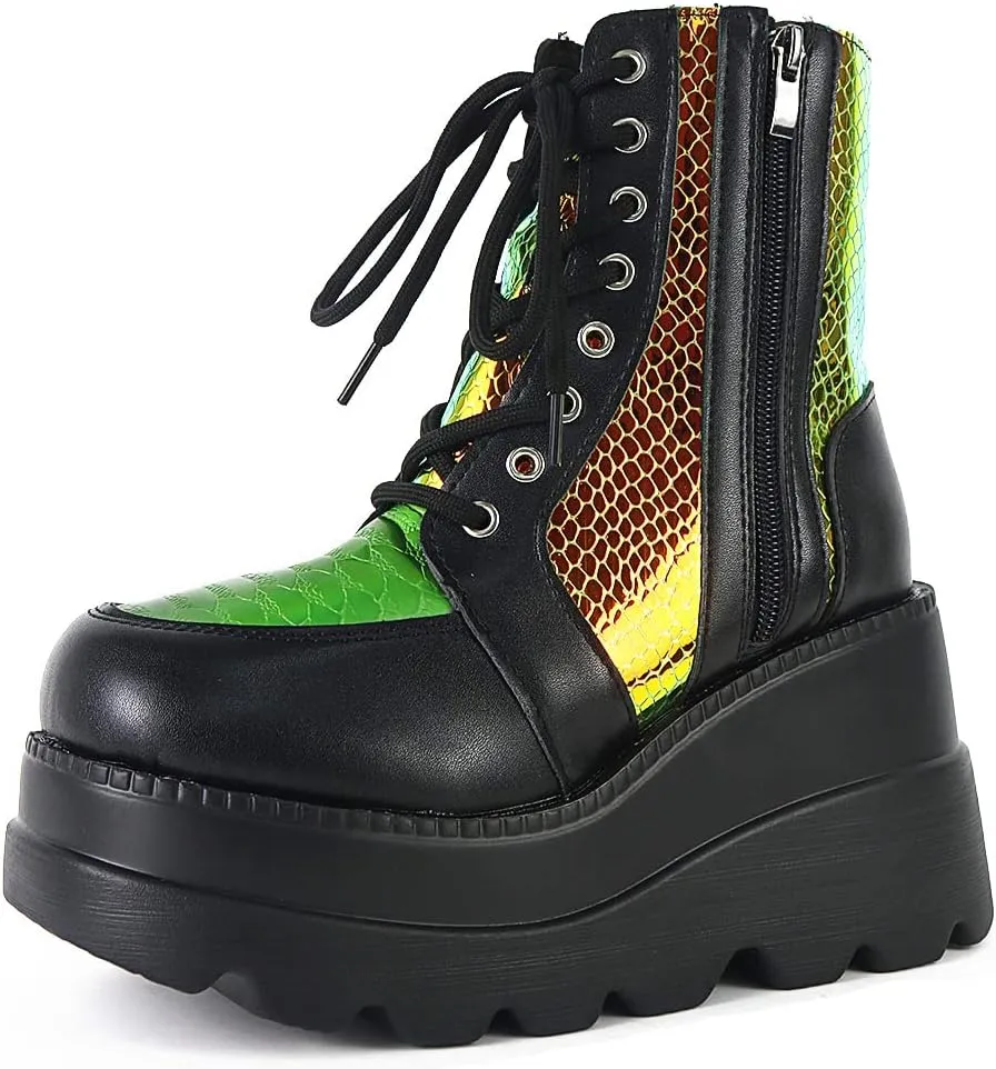 Tscoyuki Platform Ankle Boots for Women Chunky High Heel Booties Goth Round Toe Combat Boots Women Lace Up Motorcycle Wedges