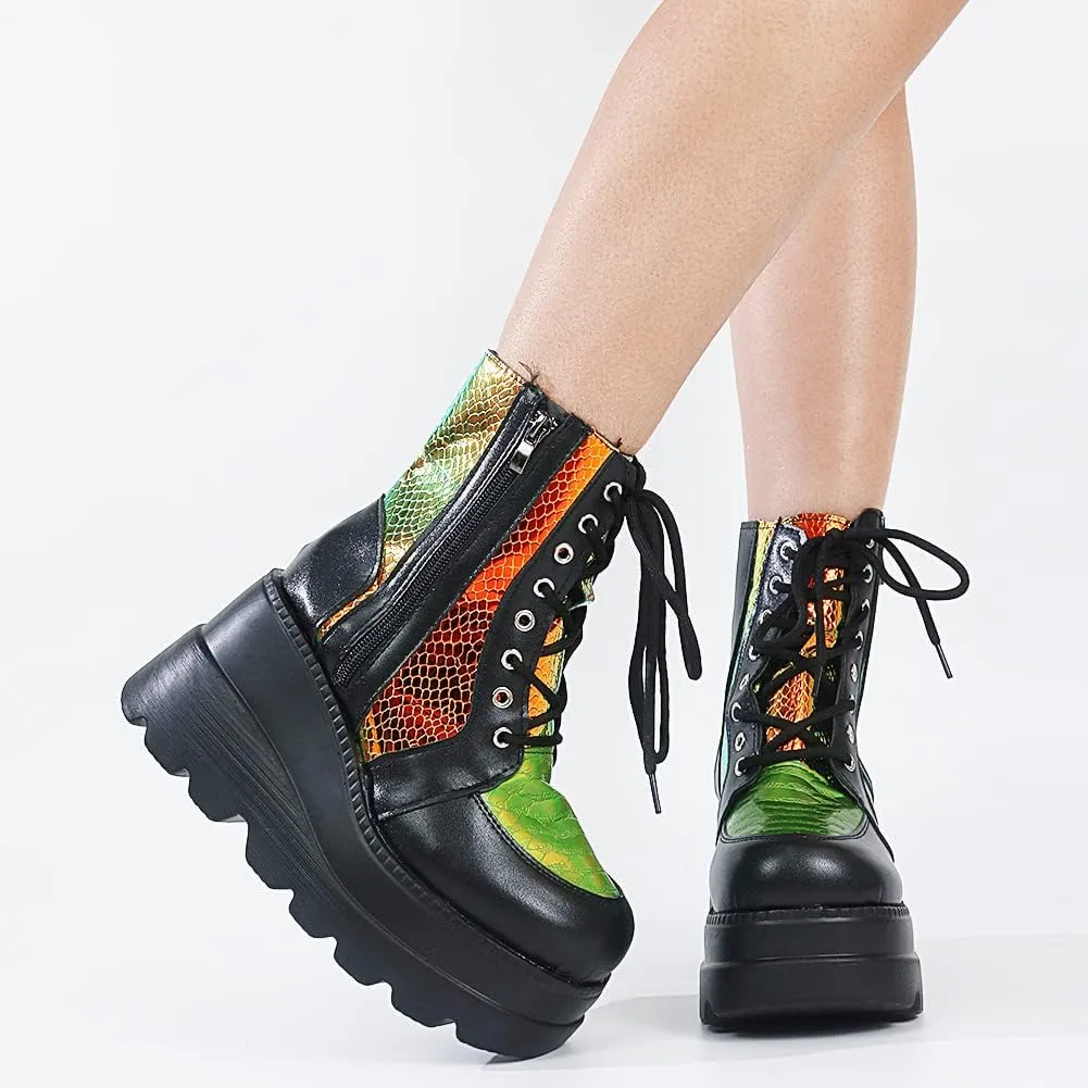 Tscoyuki Platform Ankle Boots for Women Chunky High Heel Booties Goth Round Toe Combat Boots Women Lace Up Motorcycle Wedges