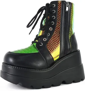 Tscoyuki Platform Ankle Boots for Women Chunky High Heel Booties Goth Round Toe Combat Boots Women Lace Up Motorcycle Wedges