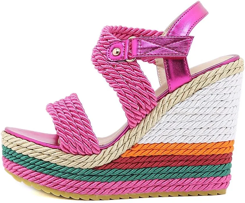 Tscoyuki Women's Braided Silk Ribbon Wedges Sandals, Platform Open Toe Buckle Ankle Strap Summer High Wedge Heels Shoes