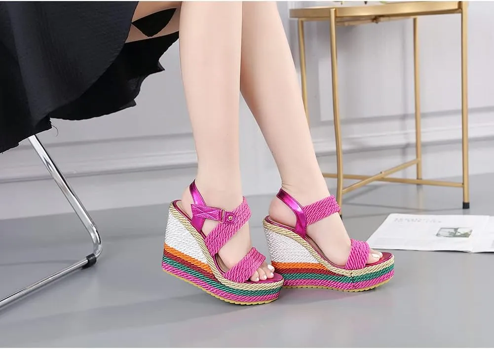 Tscoyuki Women's Braided Silk Ribbon Wedges Sandals, Platform Open Toe Buckle Ankle Strap Summer High Wedge Heels Shoes